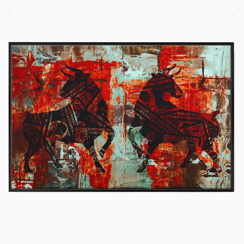 Tablou canvas cu tablou canvas cu tauri din bancnote, in rama de aluminiu negru