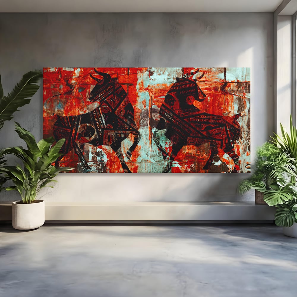Tablou canvas cu tablou canvas cu tauri din bancnote, fara rama, pe sasiu de lemn