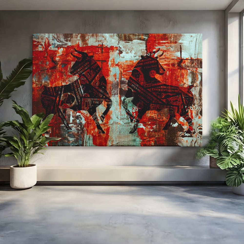 Tablou canvas cu tablou canvas cu tauri din bancnote, fara rama, pe sasiu de lemn