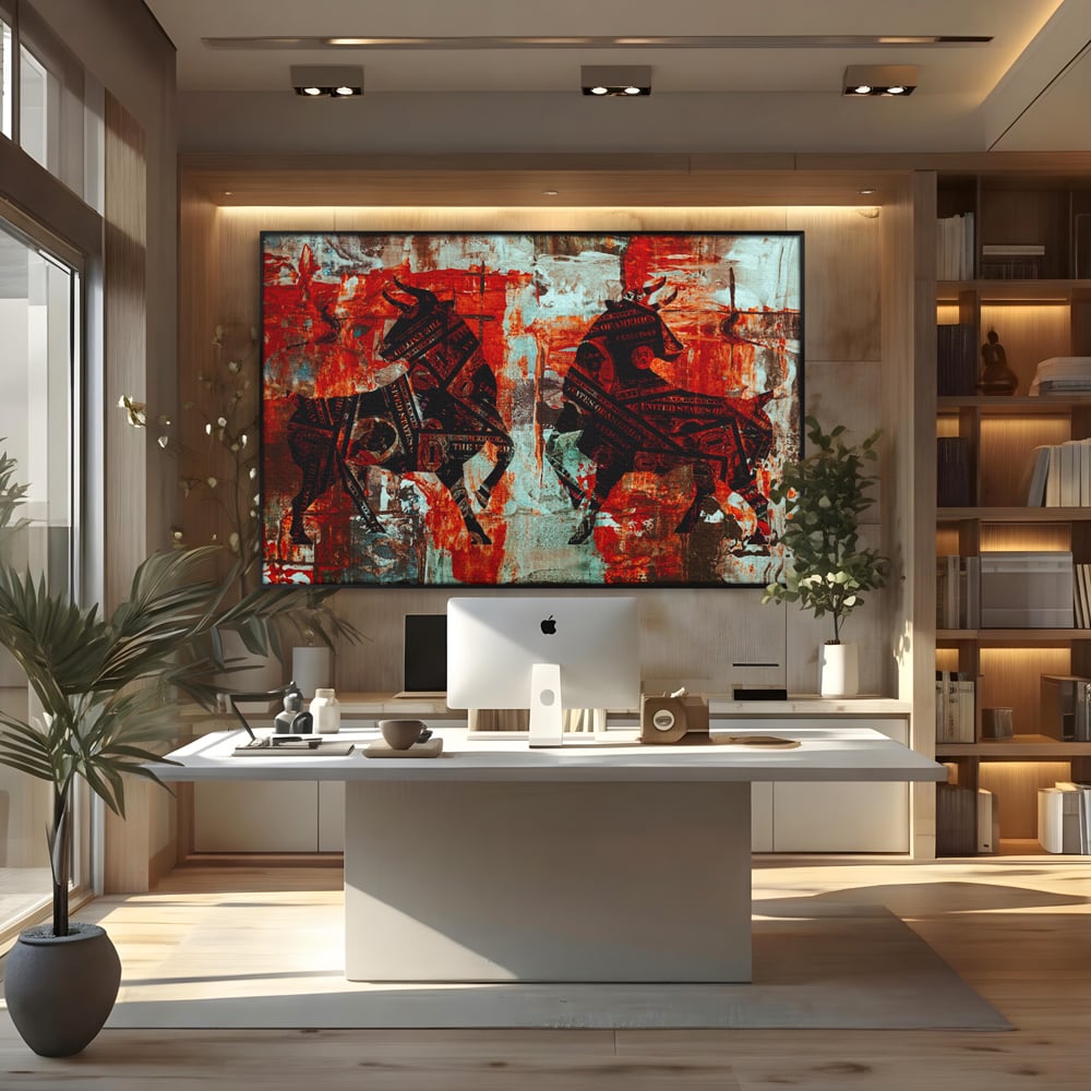 Tablou canvas cu tablou canvas cu tauri din bancnote, in rama de aluminiu negru, pe perete intr-un birou