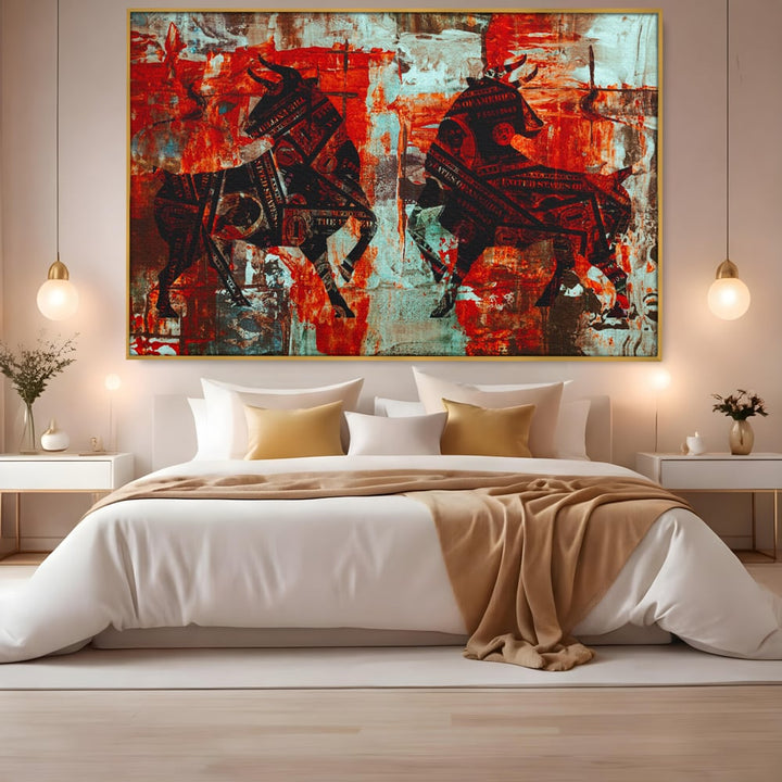Tablou canvas cu tablou canvas cu tauri din bancnote, in rama de aluminiu auriu, pe perete intr-un dormitor