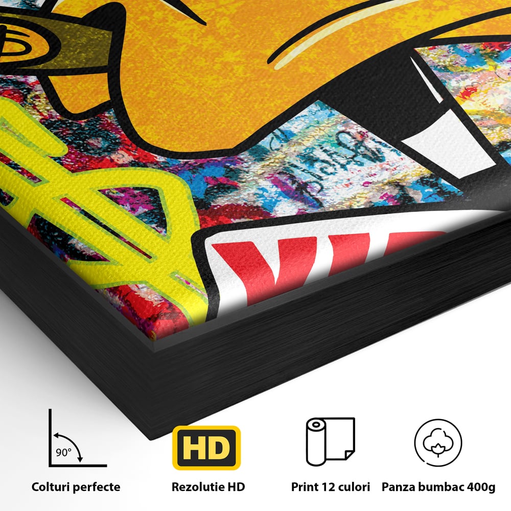 Detaliu al suprafetei: tablou canvas cu daffy duck si dolari, in rama de aluminiu negru