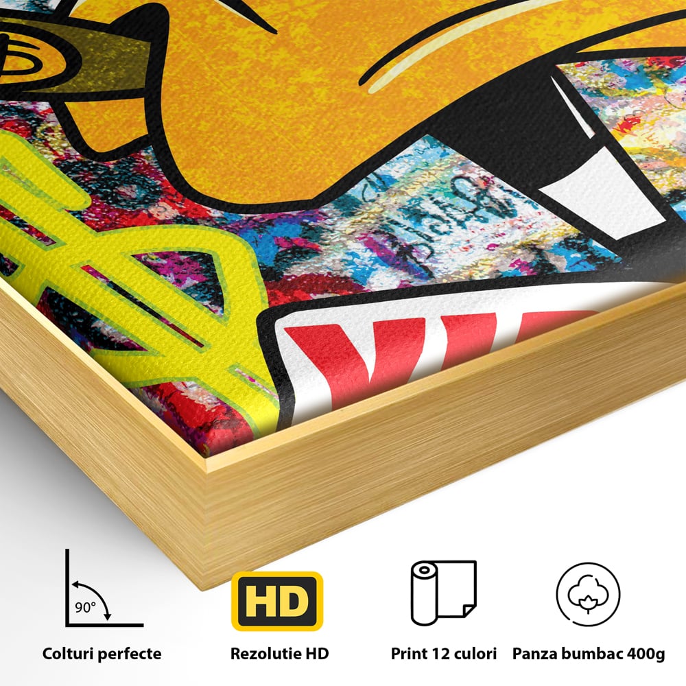 Detaliu al suprafetei: tablou canvas cu daffy duck si dolari, in rama de aluminiu auriu