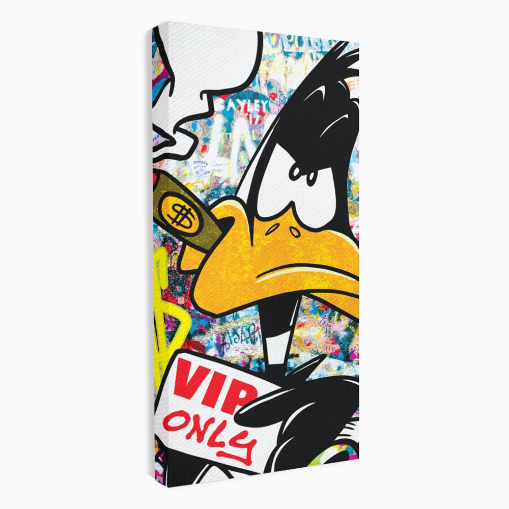Tablou canvas cu tablou canvas cu daffy duck si dolari, fara rama, pe sasiu de lemn