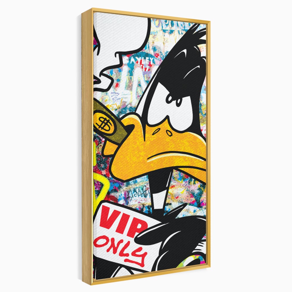 Tablou canvas cu tablou canvas cu daffy duck si dolari, in rama de aluminiu auriu