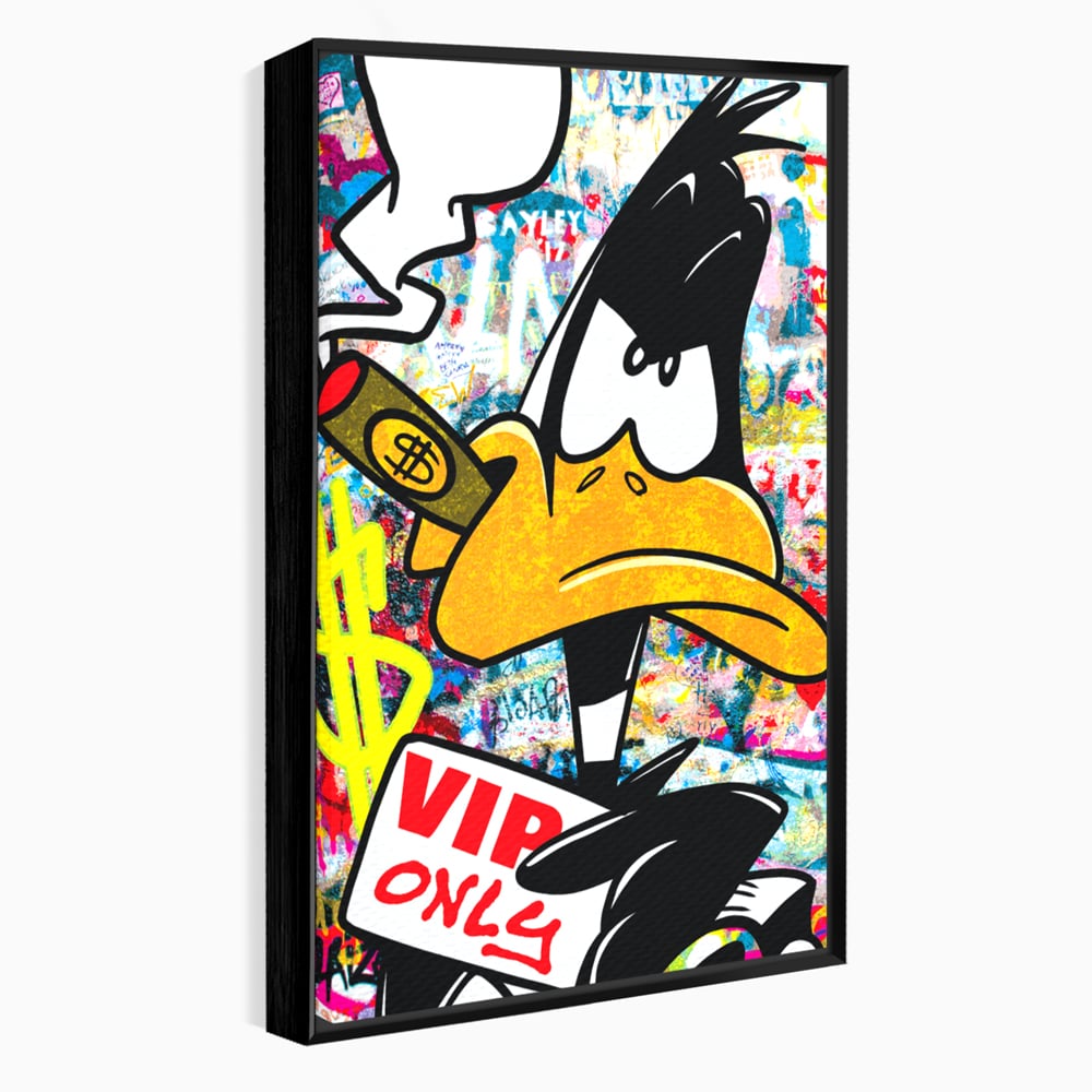 Tablou canvas cu tablou canvas cu daffy duck si dolari, in rama de aluminiu negru