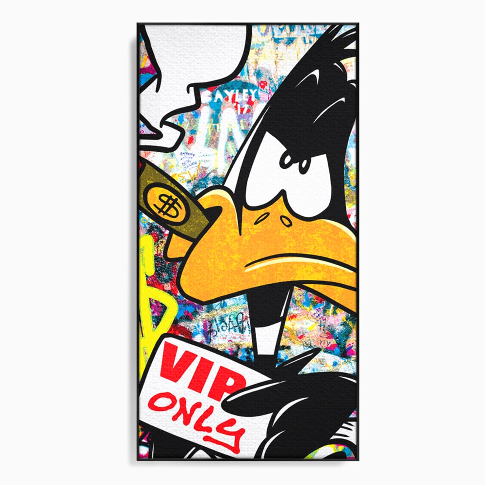 Tablou canvas cu tablou canvas cu daffy duck si dolari, in rama de aluminiu negru