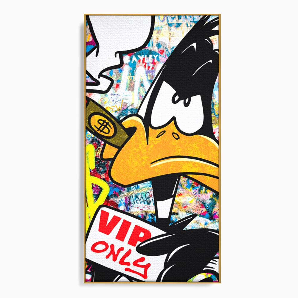 Tablou canvas cu tablou canvas cu daffy duck si dolari, in rama de aluminiu auriu