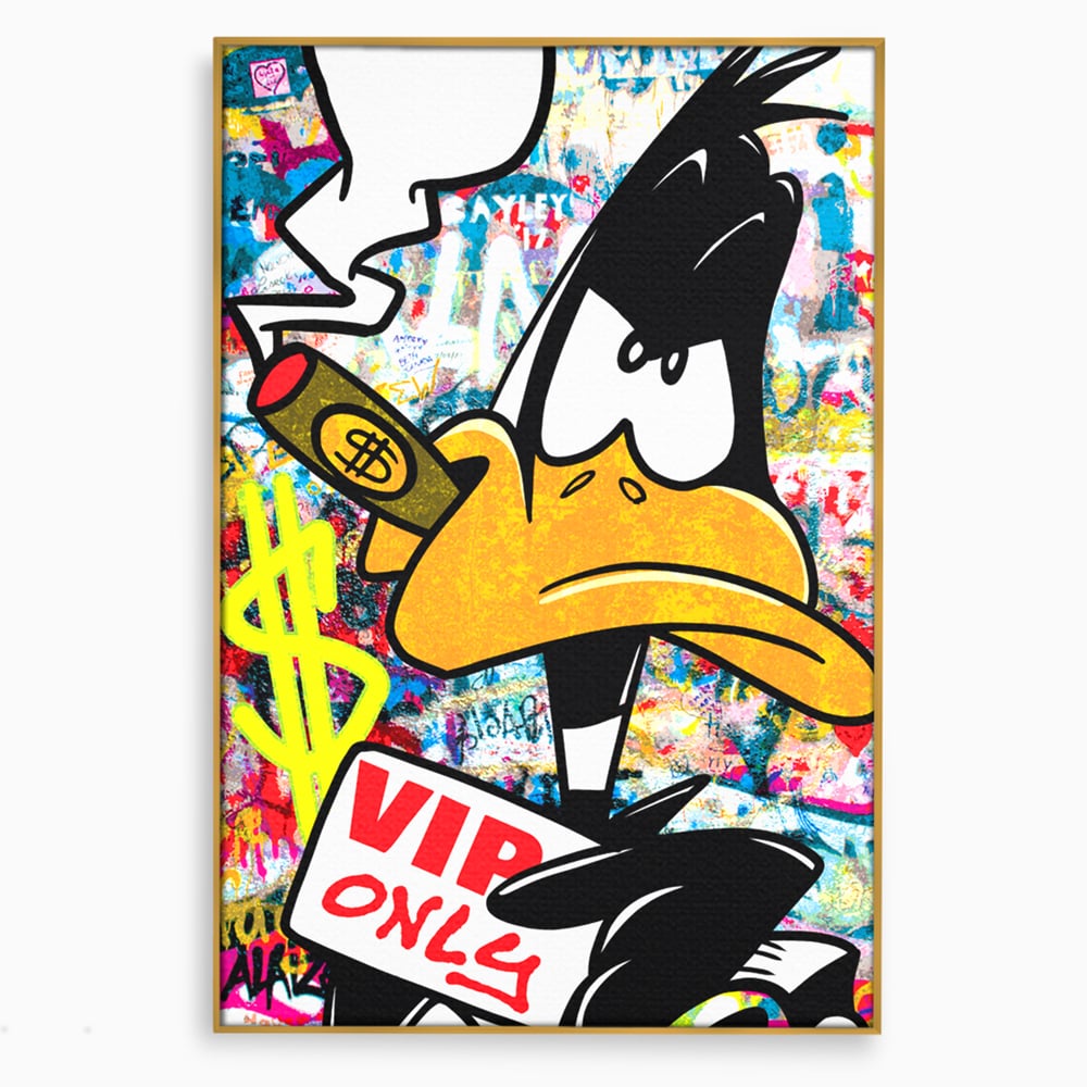 Tablou canvas cu tablou canvas cu daffy duck si dolari, in rama de aluminiu auriu