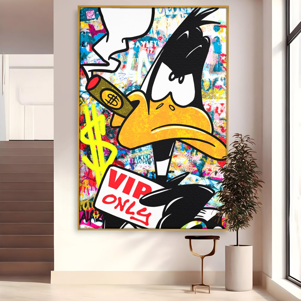 Tablou canvas cu tablou canvas cu daffy duck si dolari, in rama de aluminiu auriu