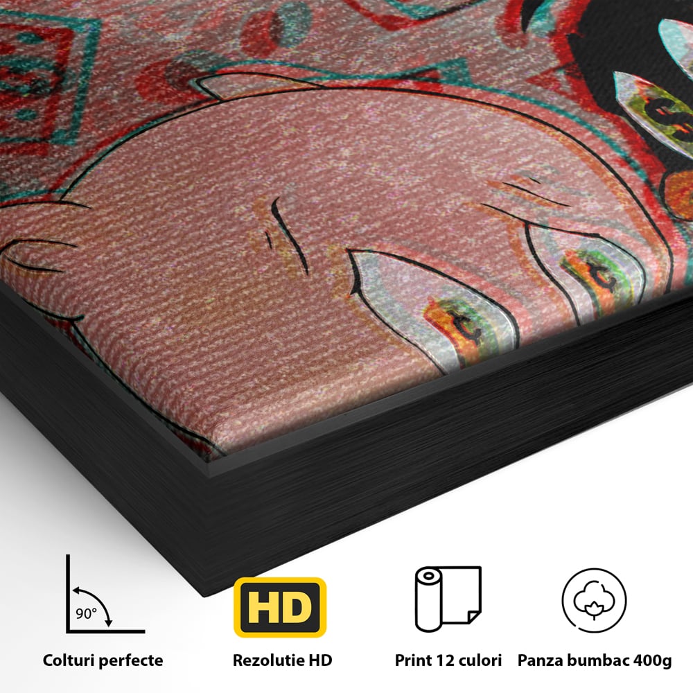 Detaliu al suprafetei: tablou canvas cu daffy duck si porky pig, in rama de aluminiu negru