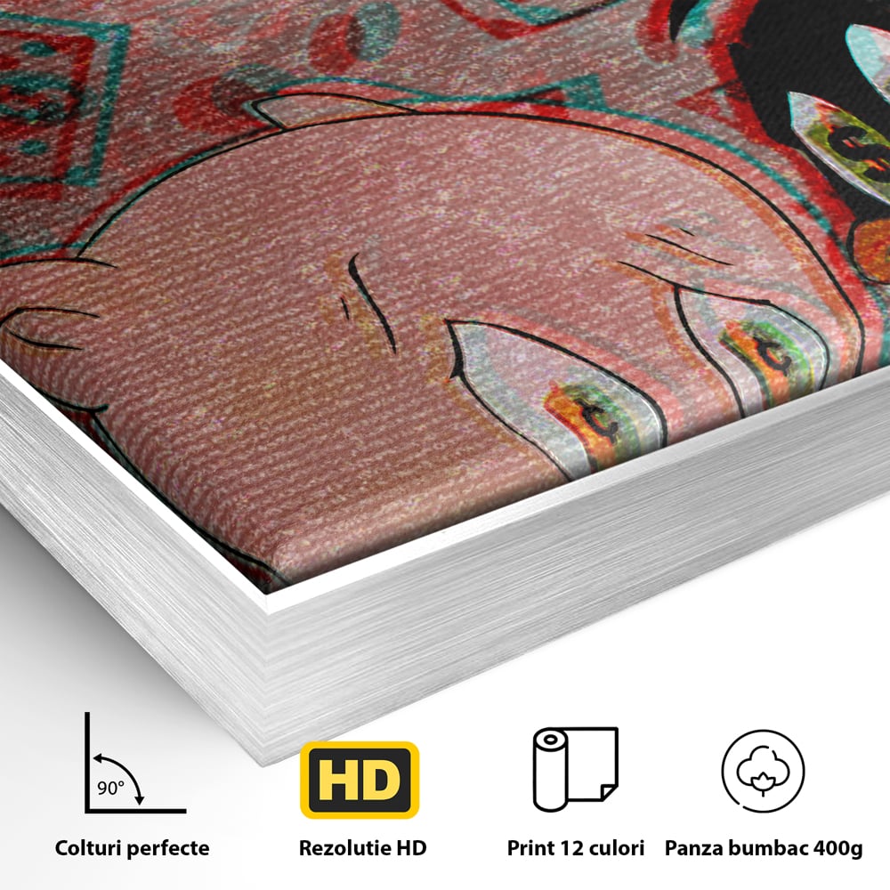 Detaliu al suprafetei: tablou canvas cu daffy duck si porky pig, in rama de aluminiu argintiu