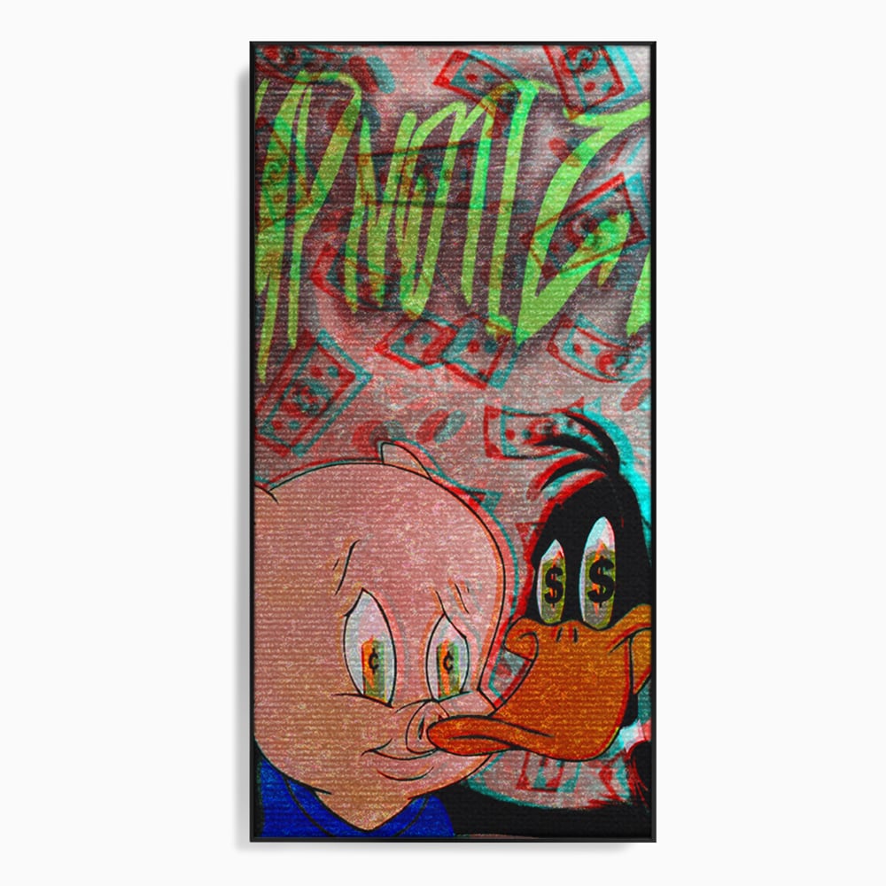 Tablou canvas cu tablou canvas cu daffy duck si porky pig, in rama de aluminiu negru