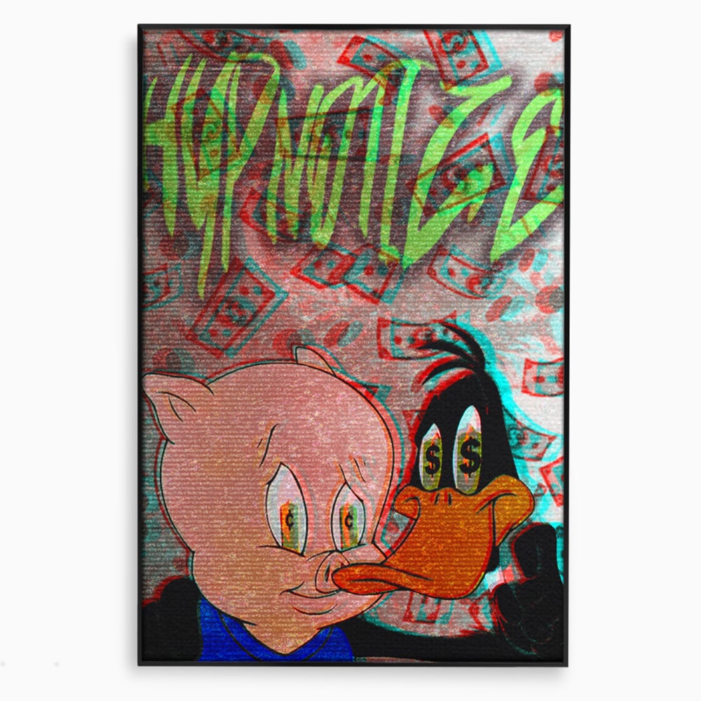 Tablou canvas cu tablou canvas cu daffy duck si porky pig, in rama de aluminiu negru