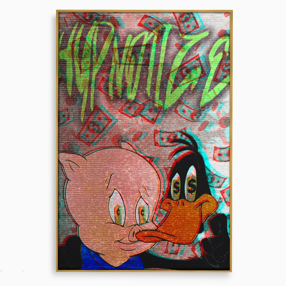Tablou canvas cu tablou canvas cu daffy duck si porky pig, in rama de aluminiu auriu