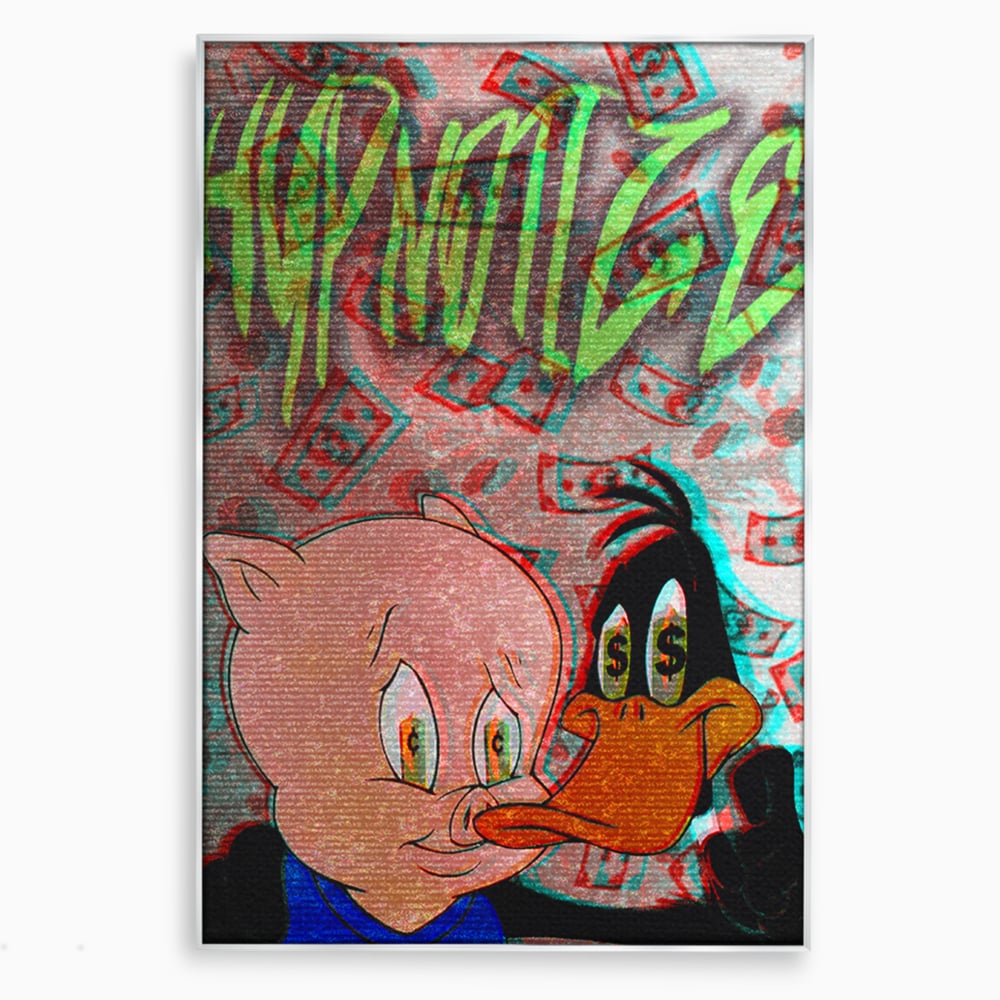 Tablou canvas cu tablou canvas cu daffy duck si porky pig, in rama de aluminiu argintiu