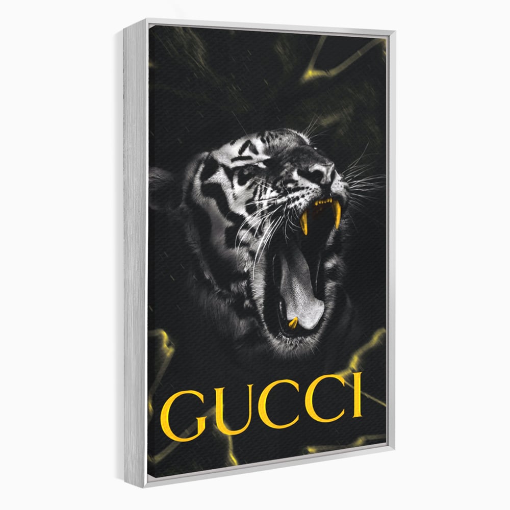 Tablou canvas cu tablou vertical cu tigru si text, in rama de aluminiu argintiu