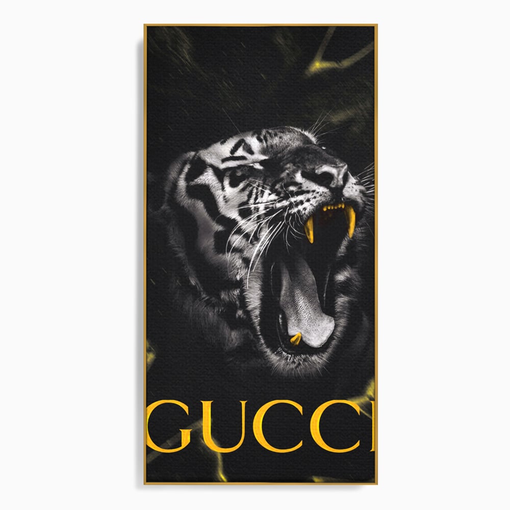 Tablou canvas cu tablou vertical cu tigru si text, in rama de aluminiu auriu