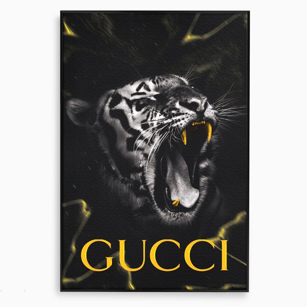 Tablou canvas cu tablou vertical cu tigru si text, in rama de aluminiu negru