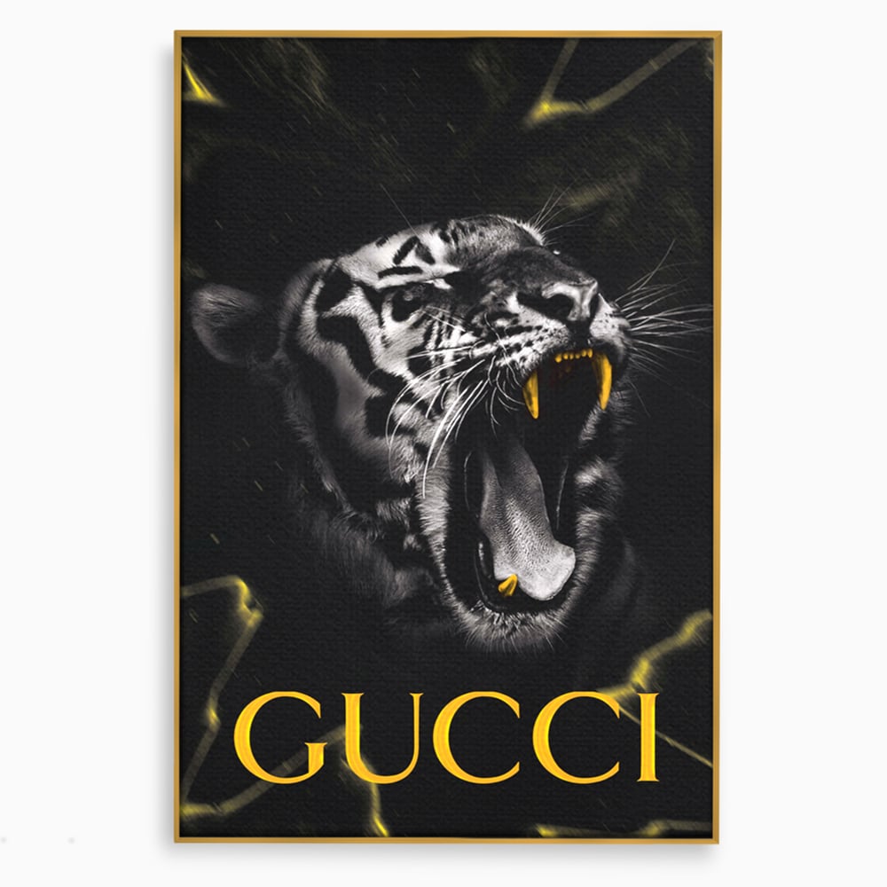 Tablou canvas cu tablou vertical cu tigru si text, in rama de aluminiu auriu