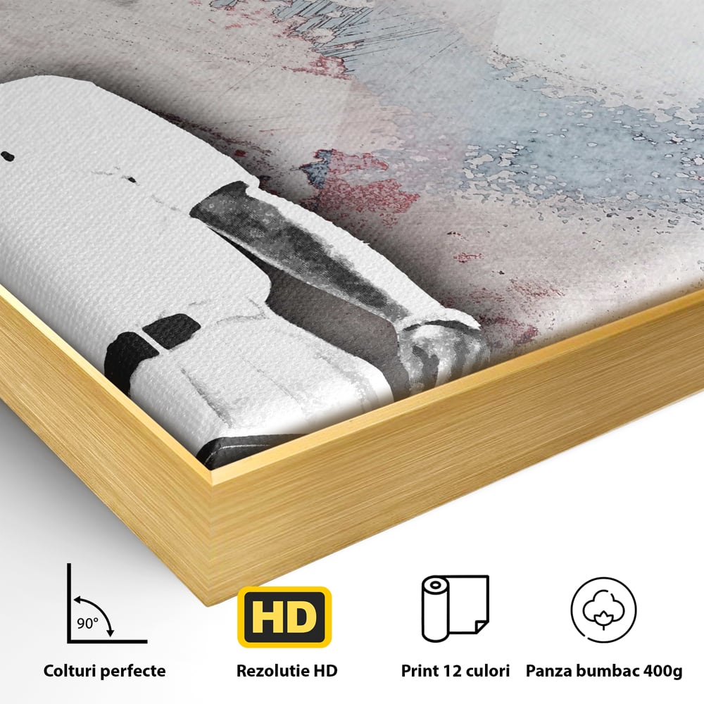 Detaliu al suprafetei: tablou canvas cu leonardo dicaprio, in rama de aluminiu auriu
