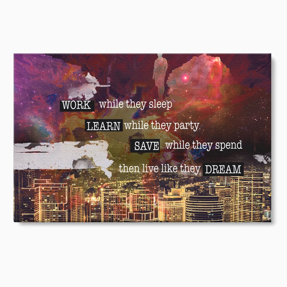 Tablou canvas cu tablou motivational cu oras si cer cosmic, fara rama, pe sasiu de lemn