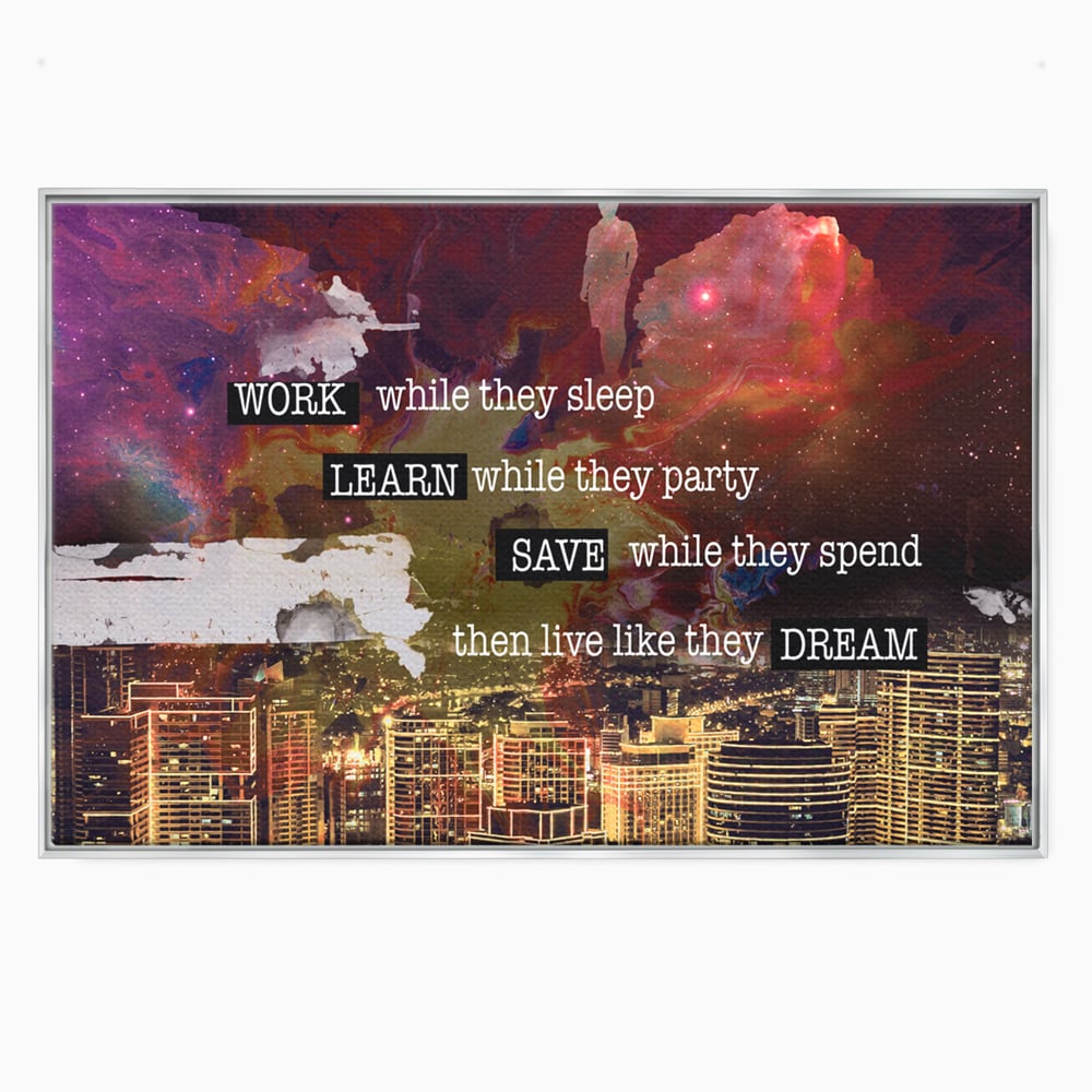 Tablou canvas cu tablou motivational cu oras si cer cosmic, in rama de aluminiu argintiu
