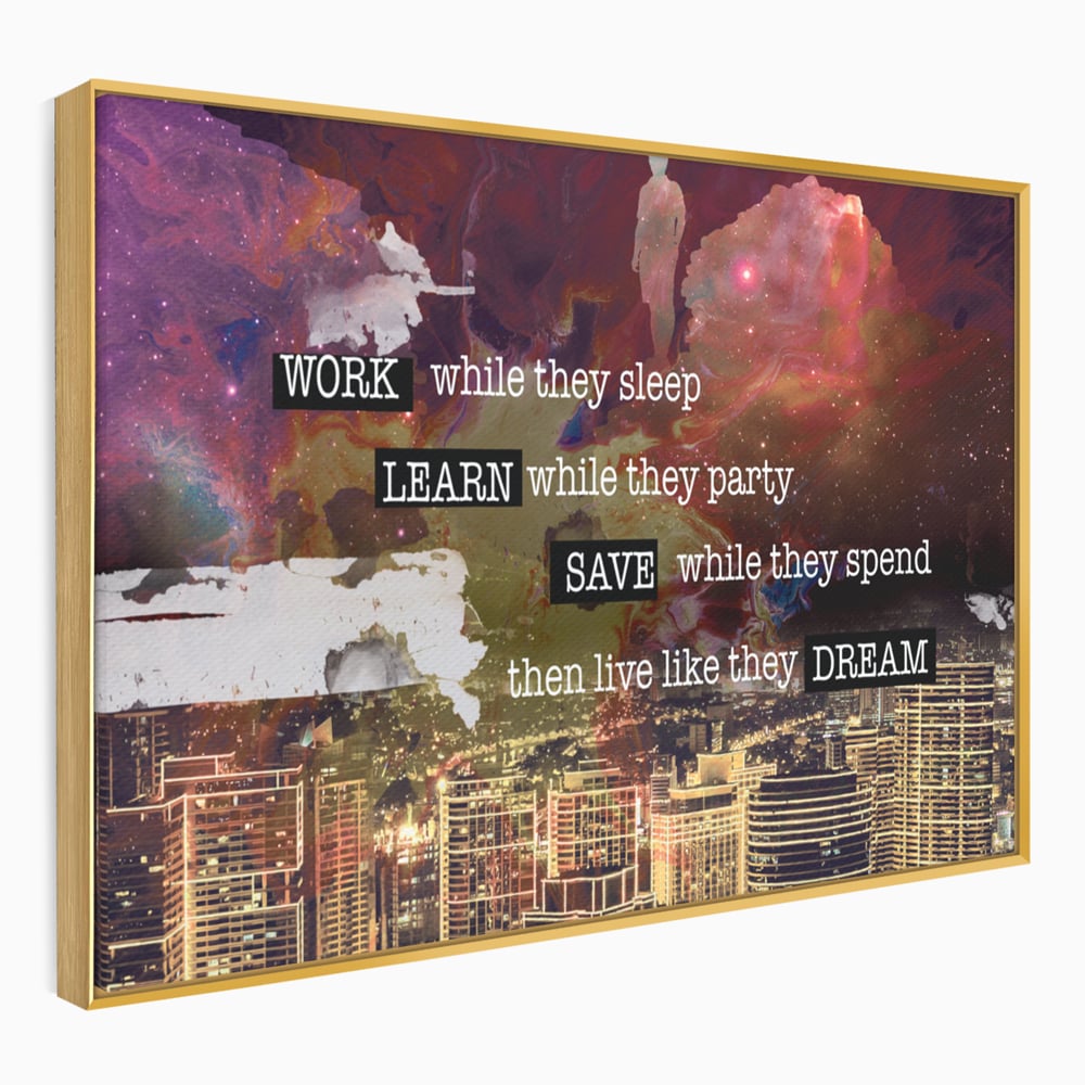 Tablou canvas cu tablou motivational cu oras si cer cosmic, in rama de aluminiu auriu