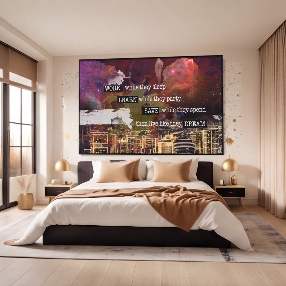 Tablou canvas cu tablou motivational cu oras si cer cosmic, in rama de aluminiu negru, pe perete intr-un dormitor