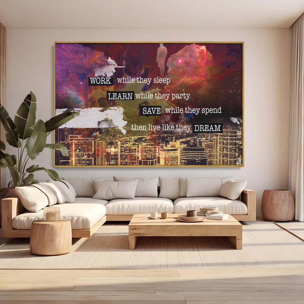 Tablou canvas cu tablou motivational cu oras si cer cosmic, in rama de aluminiu auriu, pe perete intr-un living