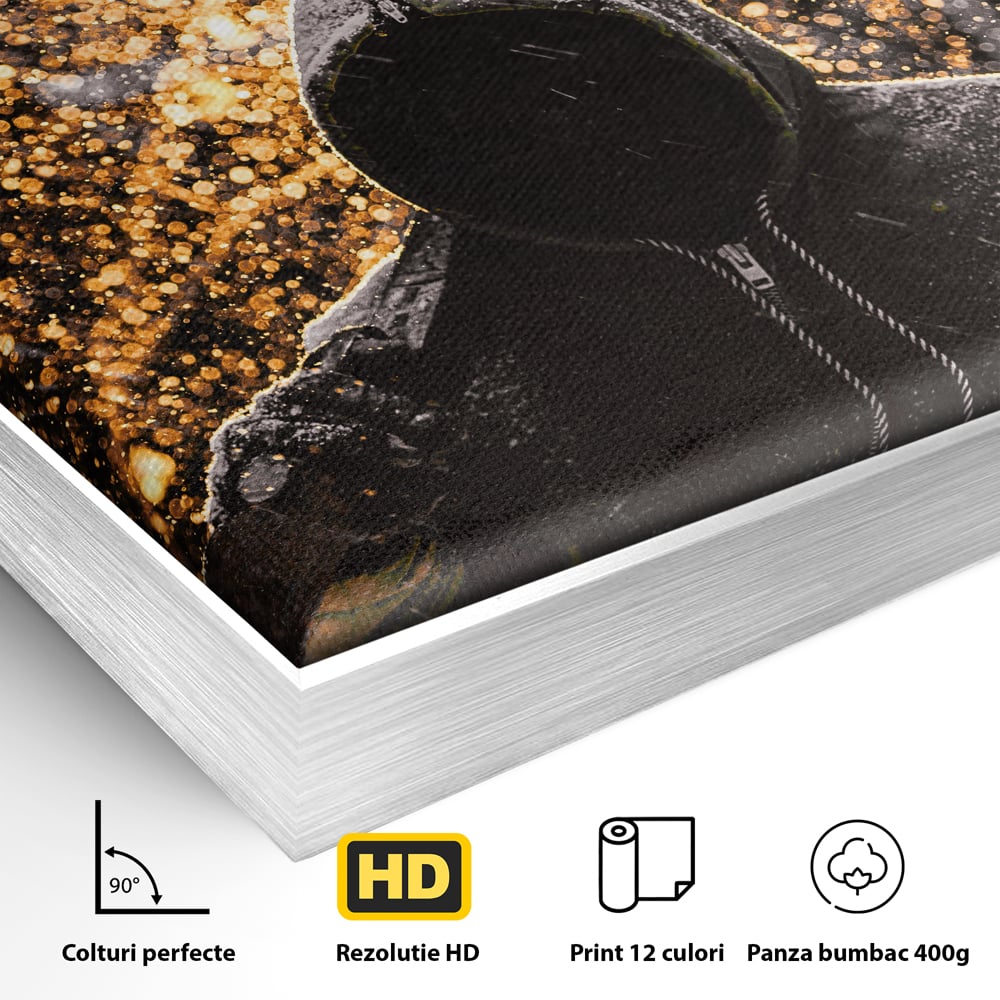 Detaliu al suprafetei: tablou canvas cu silueta motivationala, in rama de aluminiu argintiu