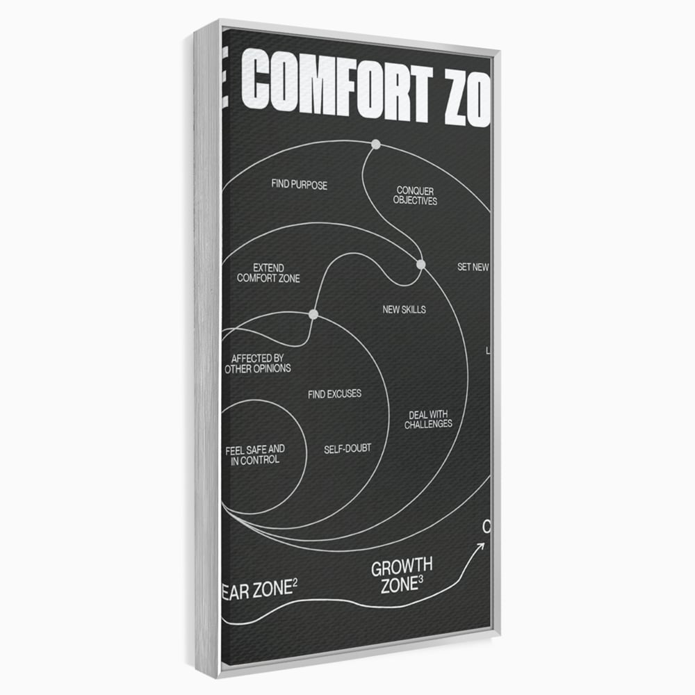 Tablou canvas cu ilustratie motivationala grafica zonele de confort, in rama de aluminiu argintiu
