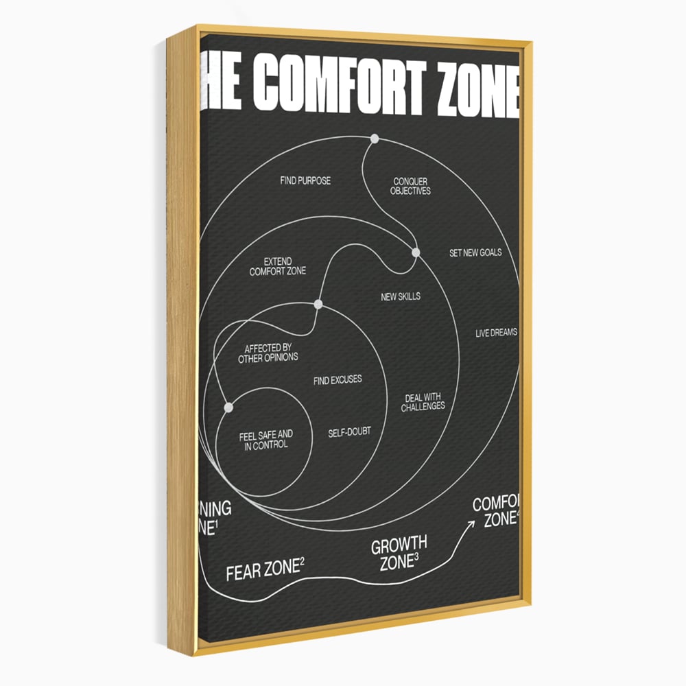 Tablou canvas cu ilustratie motivationala grafica zonele de confort, in rama de aluminiu auriu