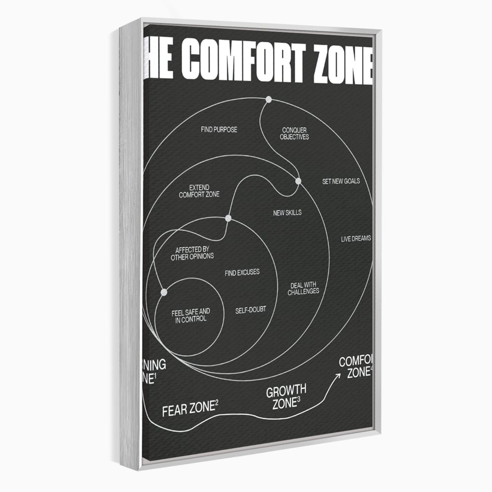 Tablou canvas cu ilustratie motivationala grafica zonele de confort, in rama de aluminiu argintiu