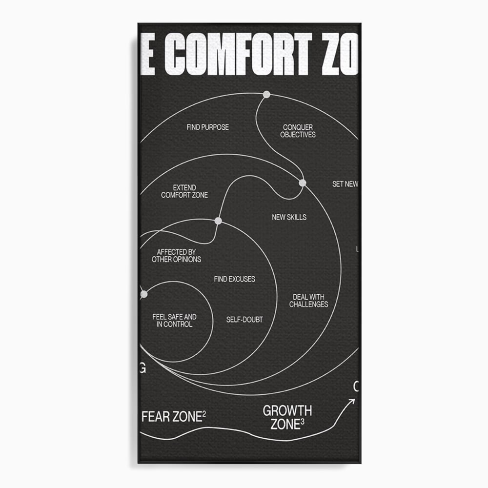Tablou canvas cu ilustratie motivationala grafica zonele de confort, in rama de aluminiu negru
