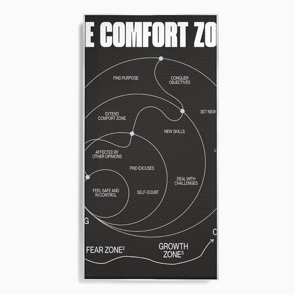 Tablou canvas cu ilustratie motivationala grafica zonele de confort, in rama de aluminiu argintiu