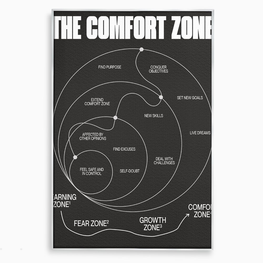 Tablou canvas cu ilustratie motivationala grafica zonele de confort, in rama de aluminiu argintiu