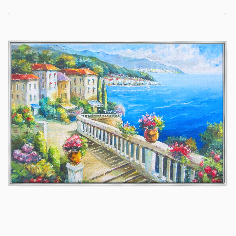Tablou canvas cu pictura case pe malul marii, in rama de aluminiu argintiu