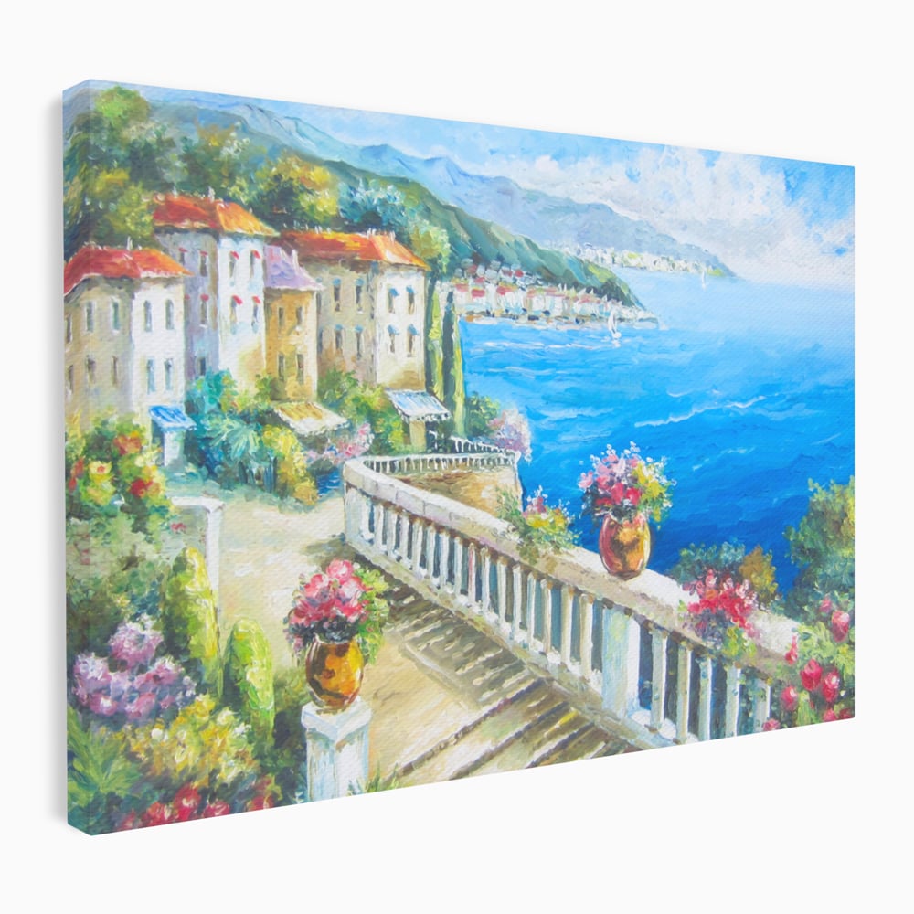 Tablou canvas cu pictura case pe malul marii, fara rama, pe sasiu de lemn