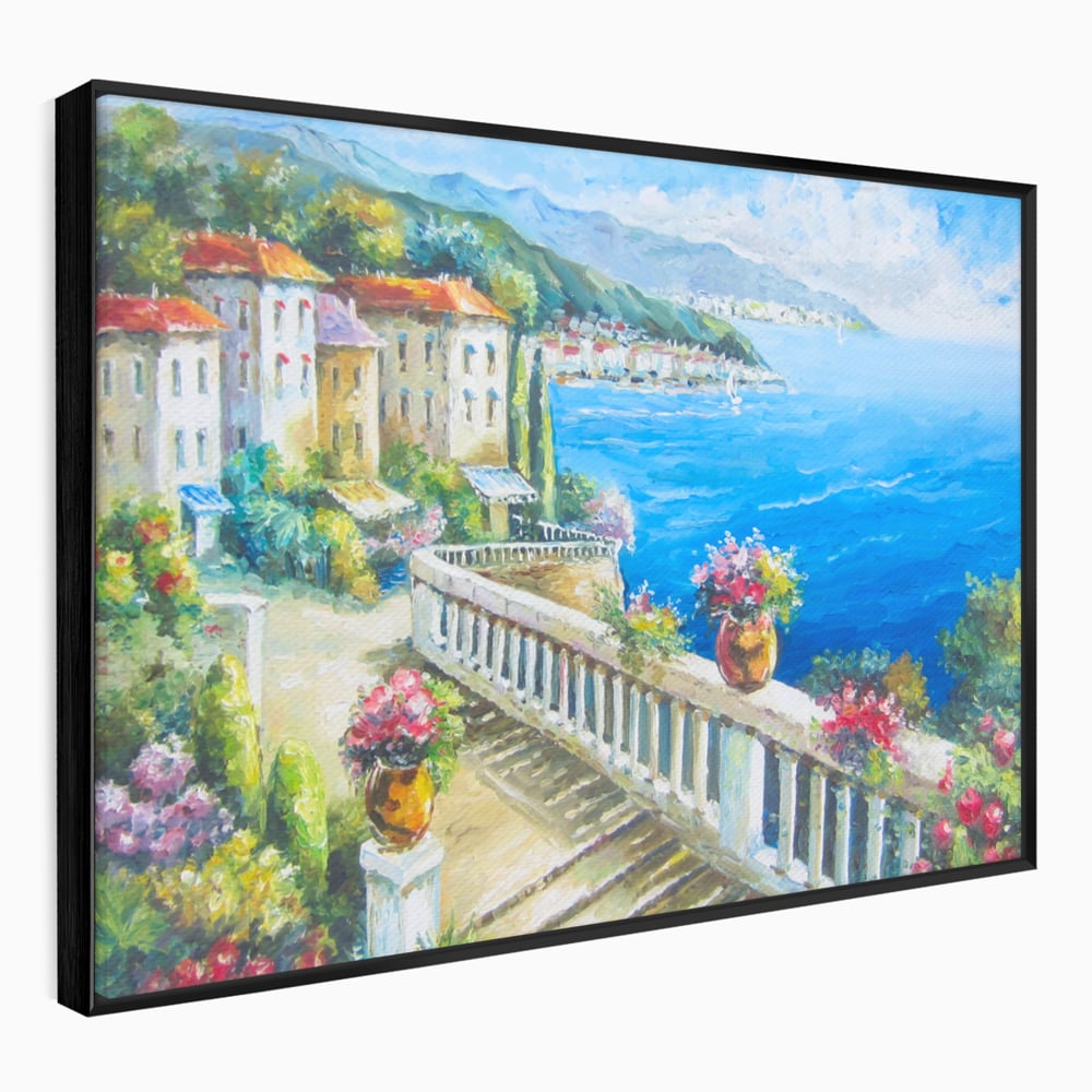 Tablou canvas cu pictura case pe malul marii, in rama de aluminiu negru