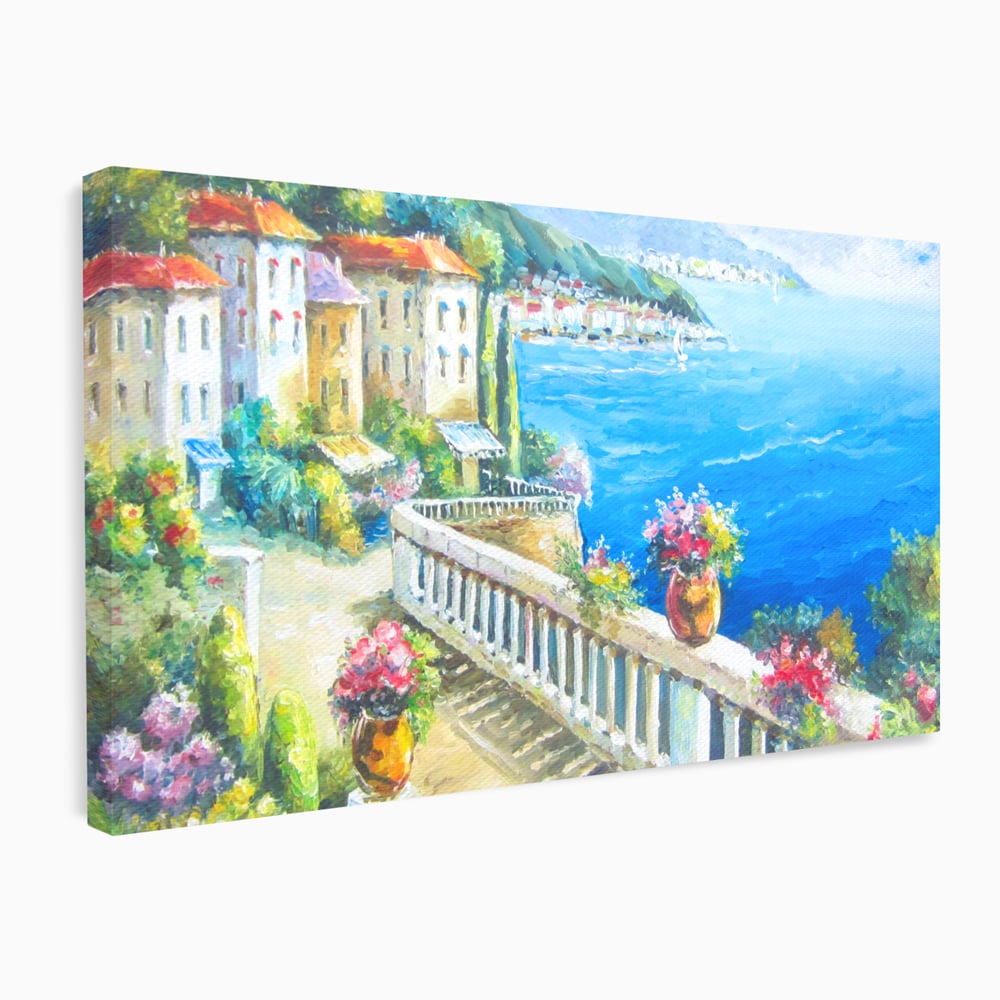 Tablou canvas cu pictura case pe malul marii, fara rama, pe sasiu de lemn
