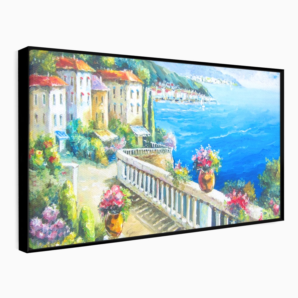 Tablou canvas cu pictura case pe malul marii, in rama de aluminiu negru