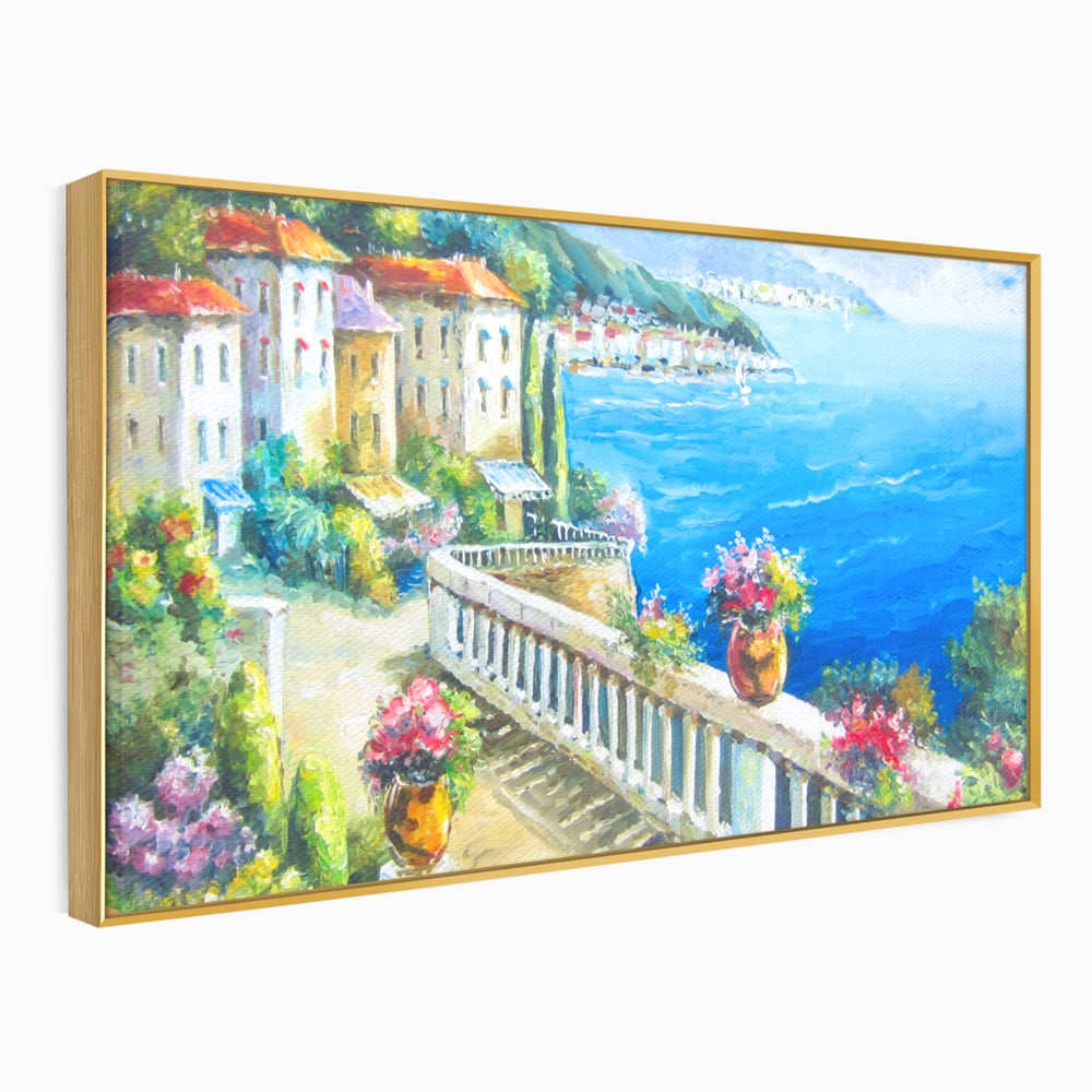 Tablou canvas cu pictura case pe malul marii, in rama de aluminiu auriu