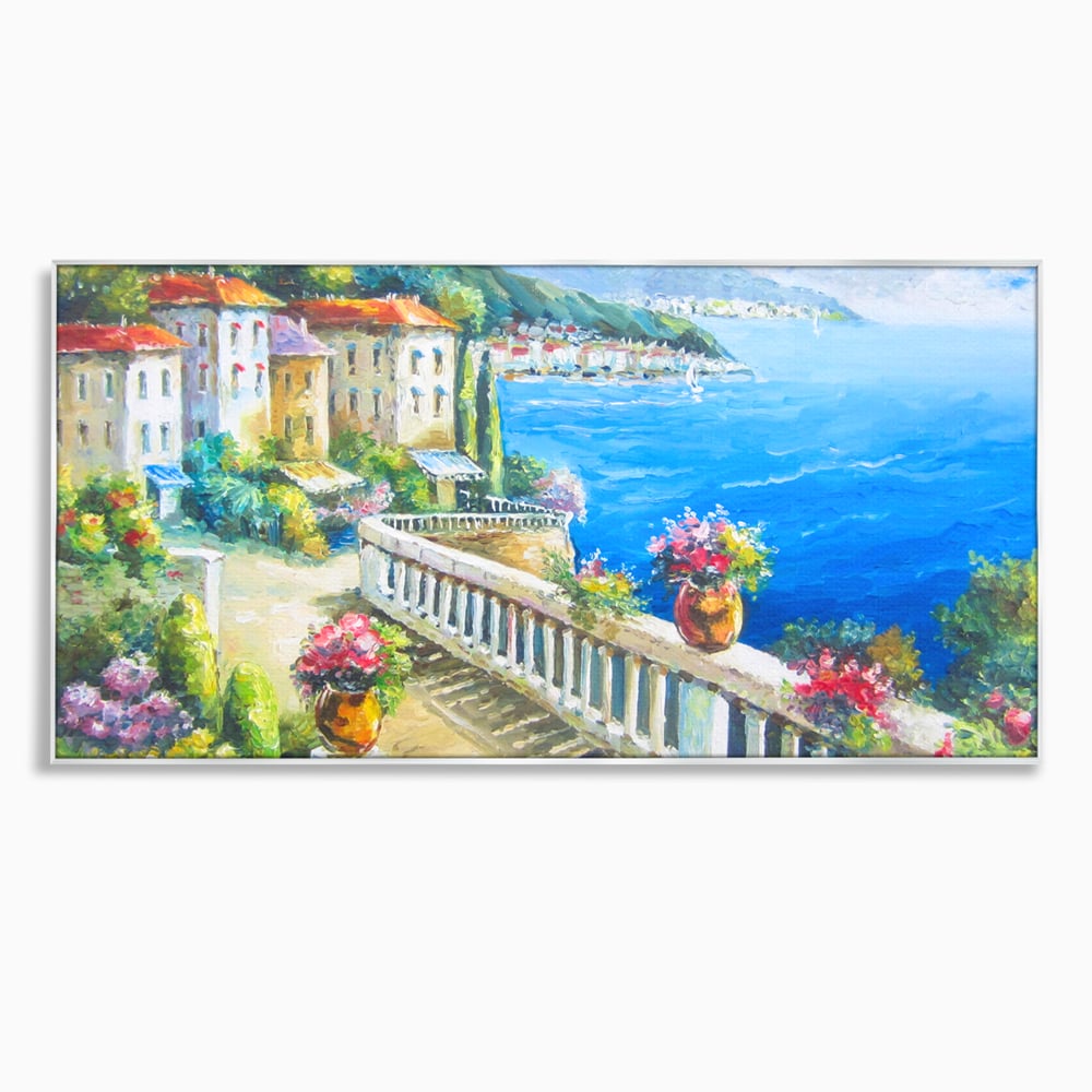 Tablou canvas cu pictura case pe malul marii, in rama de aluminiu argintiu