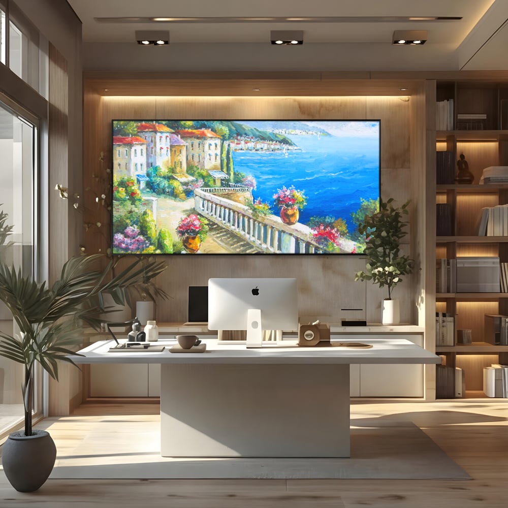 Tablou canvas cu pictura case pe malul marii, in rama de aluminiu negru, pe perete intr-un birou