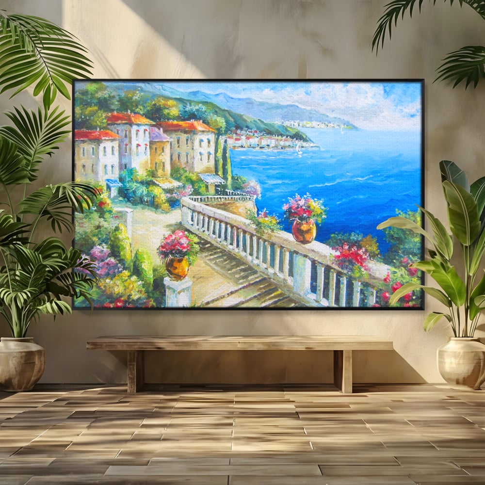 Tablou canvas cu pictura case pe malul marii, in rama de aluminiu negru