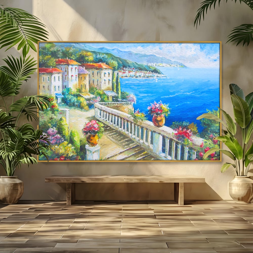 Tablou canvas cu pictura case pe malul marii, in rama de aluminiu auriu