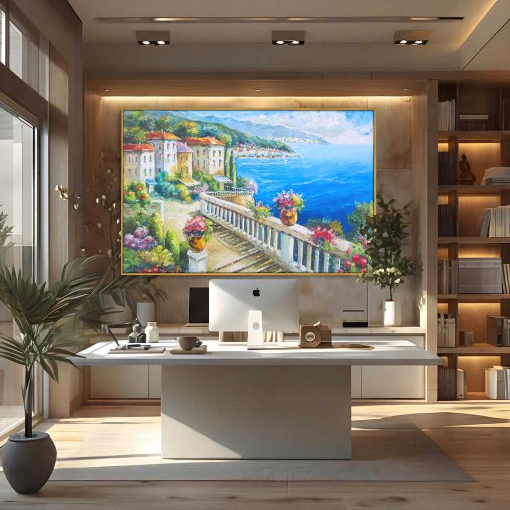 Tablou canvas cu pictura case pe malul marii, in rama de aluminiu auriu, pe perete intr-un birou