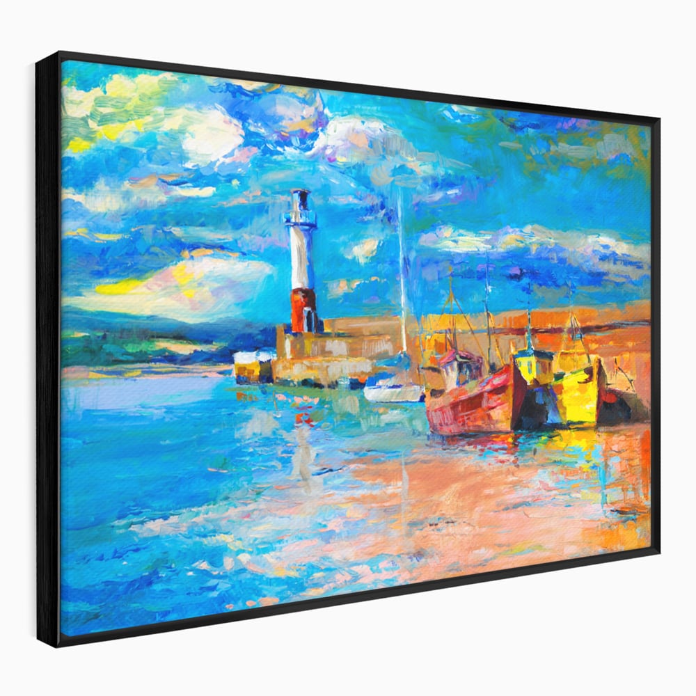 Tablou canvas cu tablou canvas cu far si barci, in rama de aluminiu negru