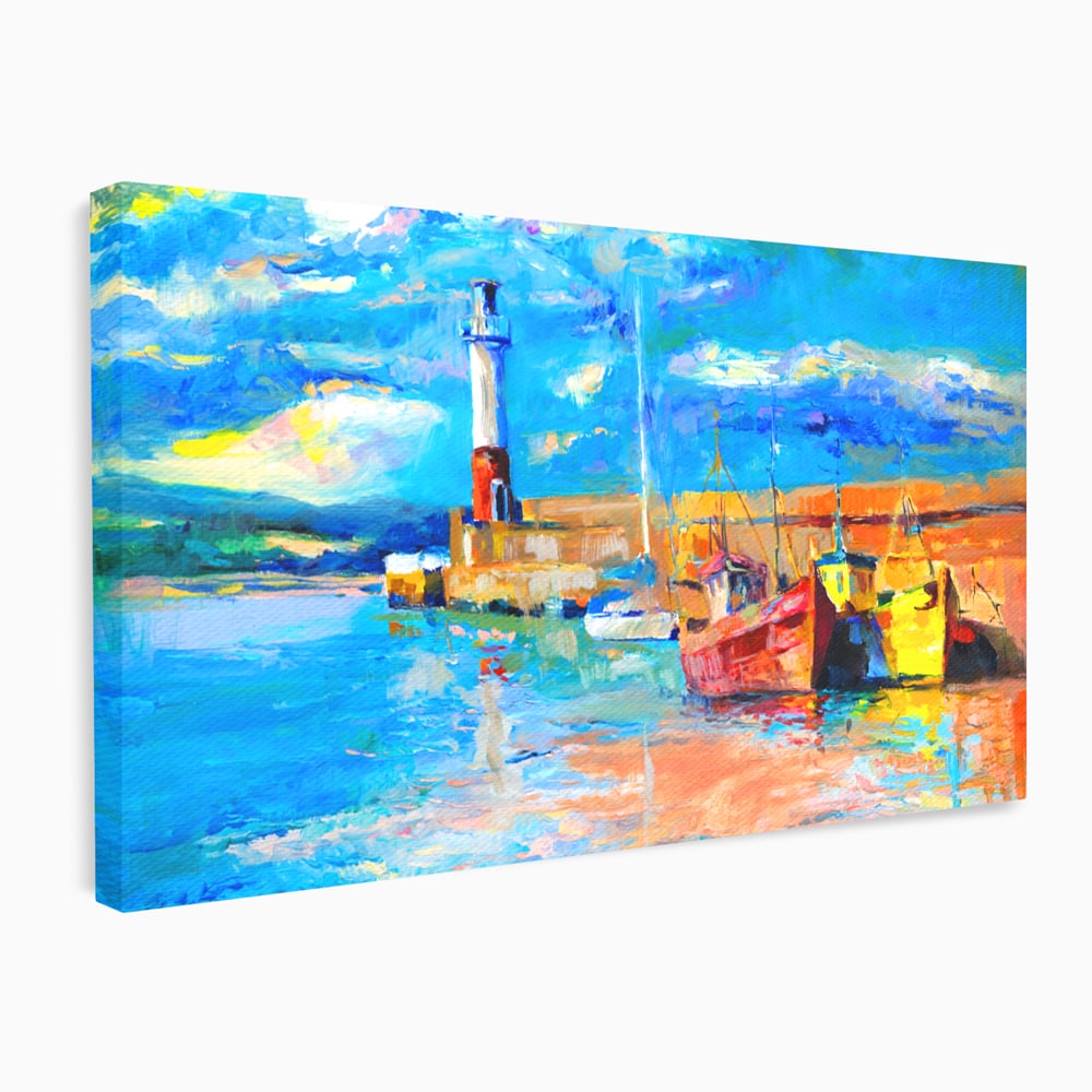 Tablou canvas cu tablou canvas cu far si barci, fara rama, pe sasiu de lemn